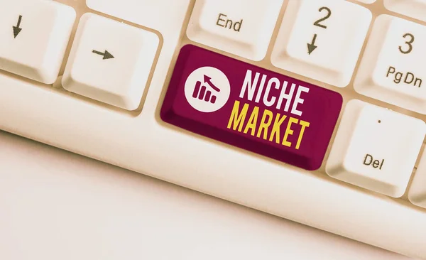 Writing note showing Niche Market. Business photo showcasing Subset of the market on which specific product is focused White pc keyboard with note paper above the white background.