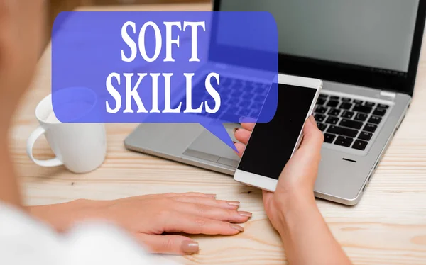 Word writing text Soft Skills. Business concept for demonstratingal attribute enable interact effectively with other showing woman laptop computer smartphone mug office supplies technological devices. — Stock Photo, Image