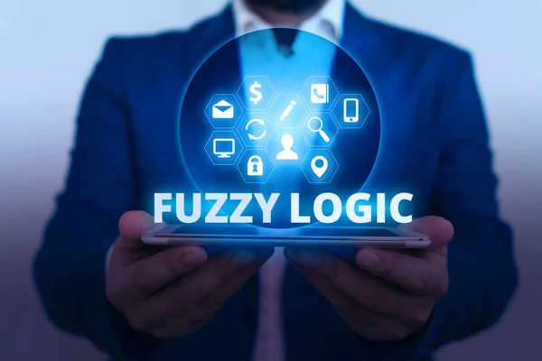 Az fuzzy Logic-ot ábrázoló szöveges jel. Fogalmi fotó ellenőrzések mértéke szennyeződés és zsír mennyisége a szappan és a víz. — Stock Fotó