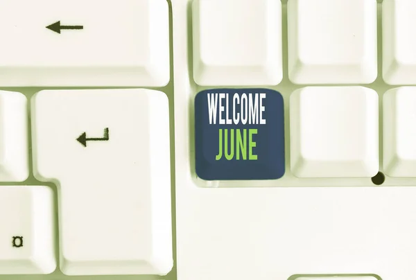 Word writing text Welcome June. Business concept for Calendar Sixth Month Second Quarter Thirty days Greetings White pc keyboard with empty note paper above white background key copy space. — Stock Photo, Image