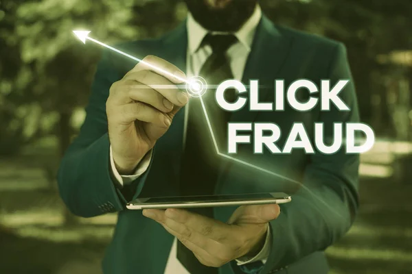 Nota de escrita mostrando Click Fraud. Foto de negócios mostrando prática de clicar repetidamente no site hospedado anúncio . — Fotografia de Stock