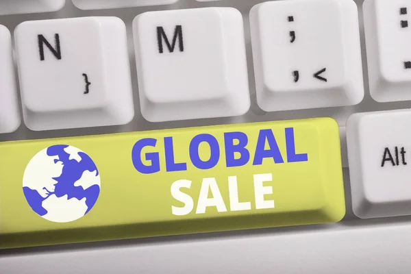 Word writing text Global Sale. Business concept for analysisagers operations for companies do business internationally White pc keyboard with empty note paper above white background key copy space.