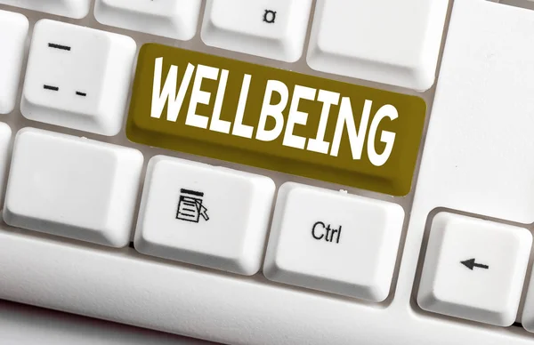 Conceptual hand writing showing Wellbeing. Business photo text A good or satisfactory condition of existence including health White pc keyboard with note paper above the white background. — Stock Photo, Image