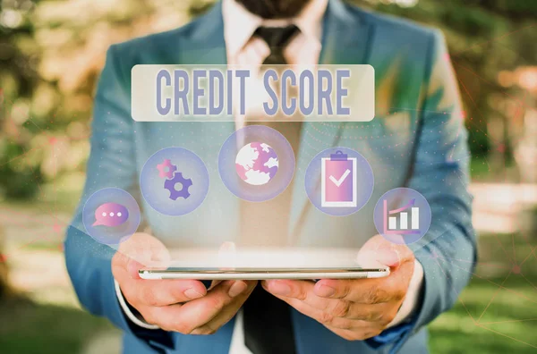Word writing text Credit Score. Business concept for Represent the creditworthiness of an individual Lenders rating Male human wear formal work suit presenting presentation using smart device. — Stock Photo, Image