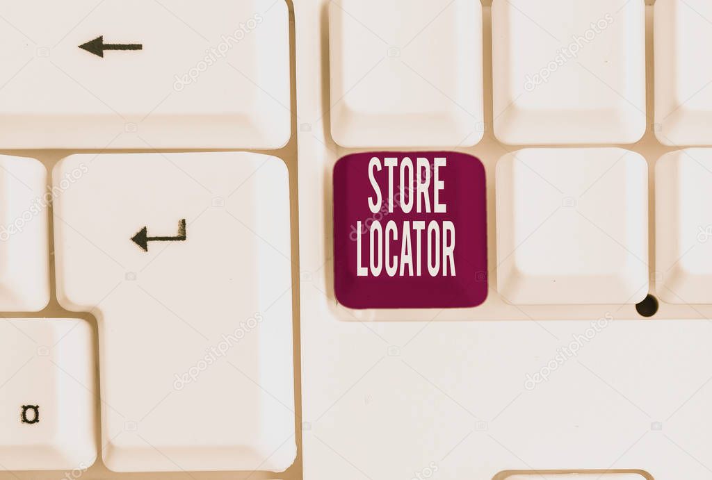 Writing note showing Store Locator. Business photo showcasing to know the address contact number and operating hours White pc keyboard with note paper above the white background.