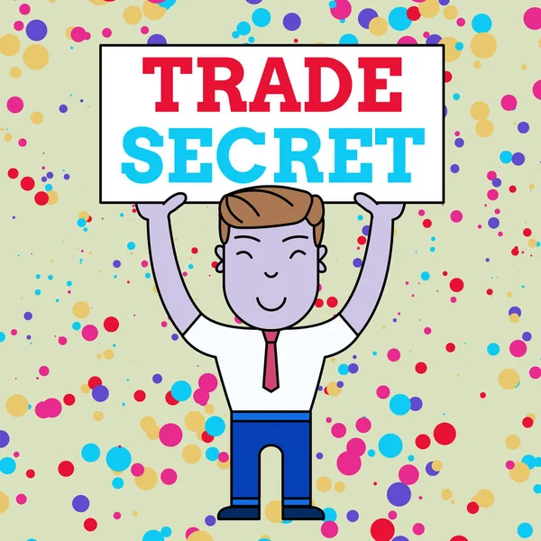 Writing note showing Trade Secret. Business photo showcasing Confidential information about a product Intellectual property Smiling Man Standing Holding Big Empty Placard Overhead with Both Hands.