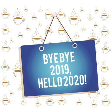 Bye Bye 2019 Merhaba 2020 gösteren not. Geçen yıl veda ve hoşgeldiniz ve başka bir iyi bir Memo hatırlatma boş tahta bağlı arka plan dikdörtgen hoş geldiniz İş fotoğraf vitrin.