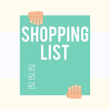 Alışveriş Listesini gösteren not yazma. İş fotoğrafı vitrin Etekli Disiplin yaklaşımı alışverişiçin Temel Öğeler Geometrik arka plan aşağı büyük boş dikdörtgen tutan iki el satın almak için.