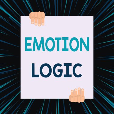 Duygu Mantığı yazma metin el yazısı. Kavram anlamı Kalp veya Beyin Soul veya Zeka Confusion Eşit Denge Geometrik arka plan tasarımı aşağı büyük boş dikdörtgen tutan iki el.