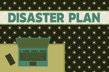 Kelime yazma metin Afet Planı. Acil Hazırlık Survival ve İlk Yardım Kiti Üst görünüm ofis çalışma yeri dizüstü ahşap masa akıllı telefon tarafında yalan yanıt için İş konsepti.