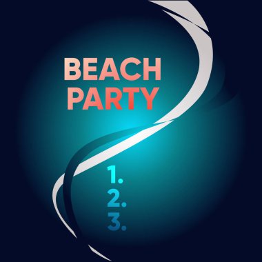 El yazısı metin yazma Beach Party. Konsept anlamı küçük ya da büyük festival deniz kıyılarında düzenlenen genellikle bikini giyen İki Aralıklı Eğriler Dalgalar Yarım güneş Kirişli Arka Bölüm.