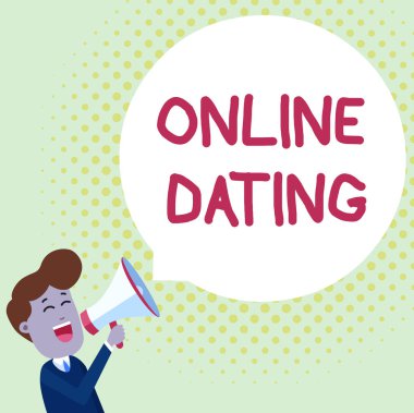 El yazısı metin Online Dating. Kavram anlamı Arama Eşleştirme İlişkileri Edating Görüntülü Sohbet Genç Adam Megafon Yüzen Yuvarlak Şekil Boş Konuşma Bubble içine Shouting.