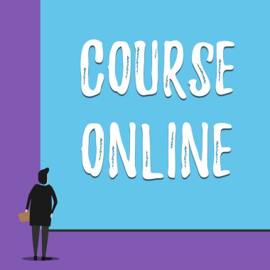 Ders Online gösteren kavramsal el yazısı. Elearning Elektronik Eğitim Uzaktan Çalışma Dijital Sınıf Geri görünümü boş büyük dikdörtgen izlerken genç kadın vitrine İş fotoğraf.