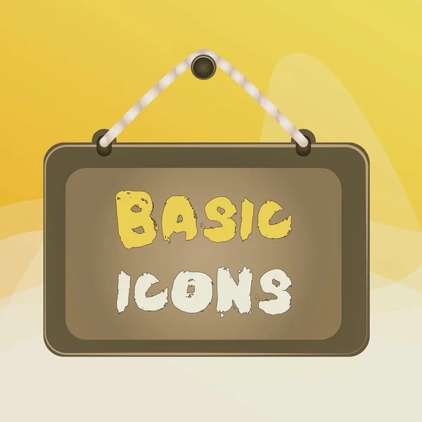 Writing note showing Basic Icons. Business photo showcasing pictogram or ideogram displayed on a computer screen or phone Board fixed nail frame colored background rectangle panel. — Stock Photo, Image