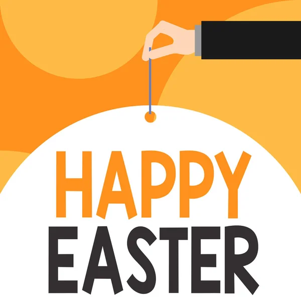 Text sign showing Happy Easter. Conceptual photo Christian feast commemorating the resurrection of Jesus Male hand arm needle punching big half blank balloon geometrical background.