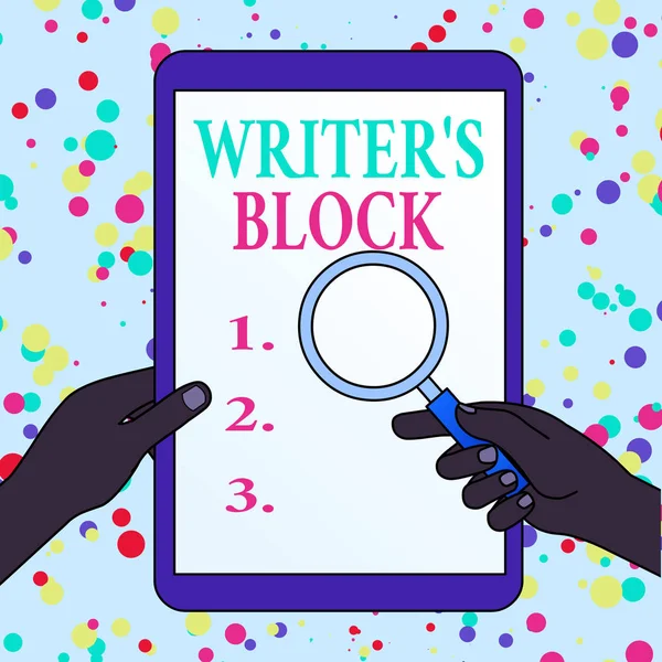 Writing note showing Writer S Block. Business photo showcasing Condition of being unable to think of what to write Hands Holding Magnifying Glass Against Switched Off Touch Screen Tablet. — Stock Photo, Image