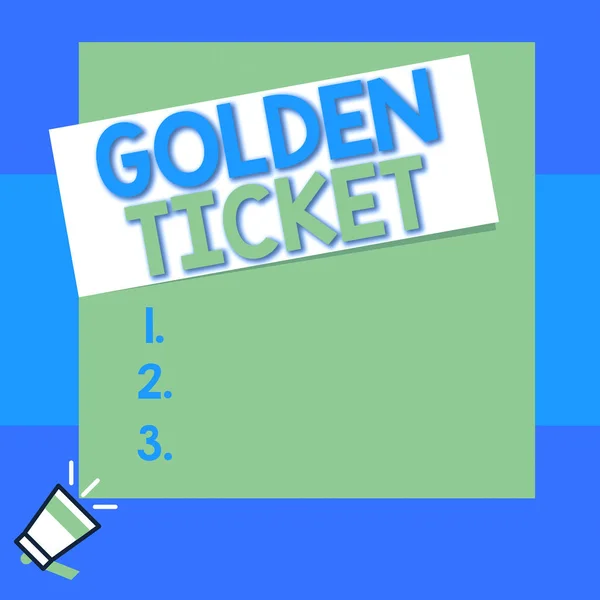 Conceptual hand writing showing Golden Ticket. Business photo text Rain Check Access VIP Passport Box Office Seat Event Big square rectangle stick above small megaphone left down corner. — Stock Photo, Image