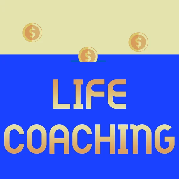 Handwriting text Life Coaching. Concept meaning Improve Lives by Challenges Encourages us in our Careers Three gold spherical coins value thousand dollars one bounce to piggy bank.