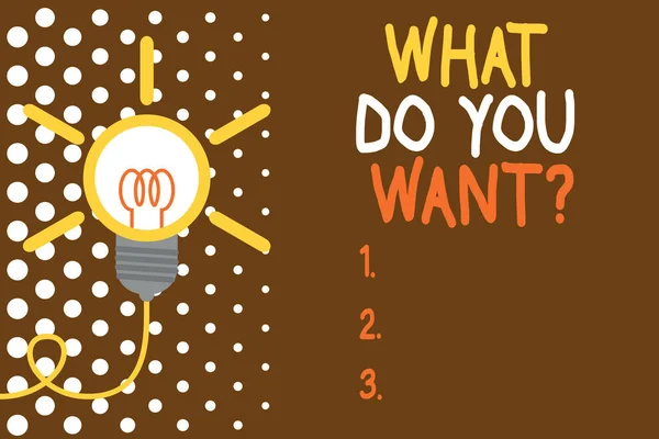 Word writing text What Do You Want Question. Business concept for say or write in order to ask demonstrating about something Big idea light bulb. Successful turning idea invention innovation. Startup.