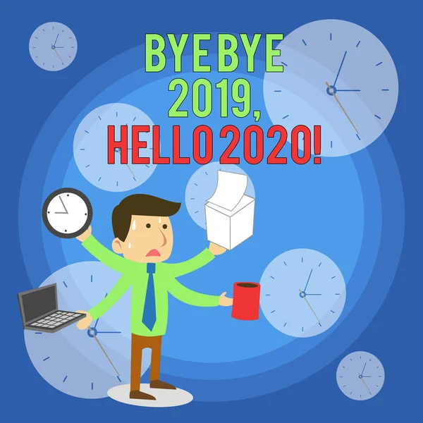 Текст написання слова "Bwell Bye 2019 Hello 2020" Концепція бізнесу для прощання з минулим роком та привітання ще одного хорошого менеджера чоловіка, який працював зі стресом Багато озброєних багатозадачних зустрічей . — стокове фото
