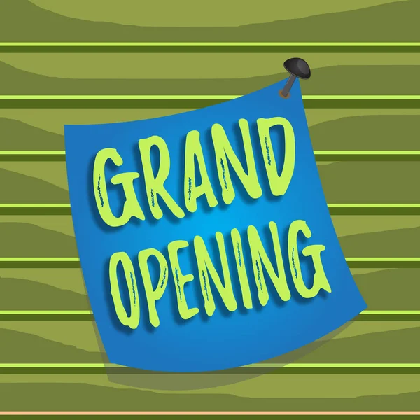 Conceptuele hand schrijven met grote opening. Business foto tekst lint snijden nieuwe Business eerste officiële dag lancering gebogen herinnering papier Memo genageld kleurrijke oppervlakte PIN frame. — Stockfoto