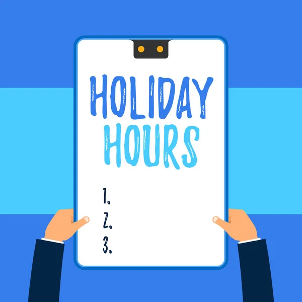 Handwriting text writing Holiday Hours. Concept meaning employee receives twice their normal pay for all hours Two executive male hands holding electronic device geometrical background. — Stock Photo, Image