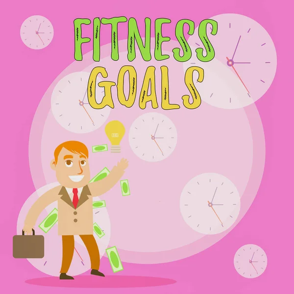 Writing note showing Fitness Goals. Business photo showcasing Loose fat Build muscle Getting stronger Conditioning Successful Businessman Generating Idea or Finding Solution.