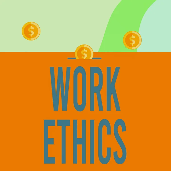 Text sign showing Work Ethics. Conceptual photo A set of values centered on the importance of doing work Three gold spherical coins value thousand dollars one bounce to piggy bank.