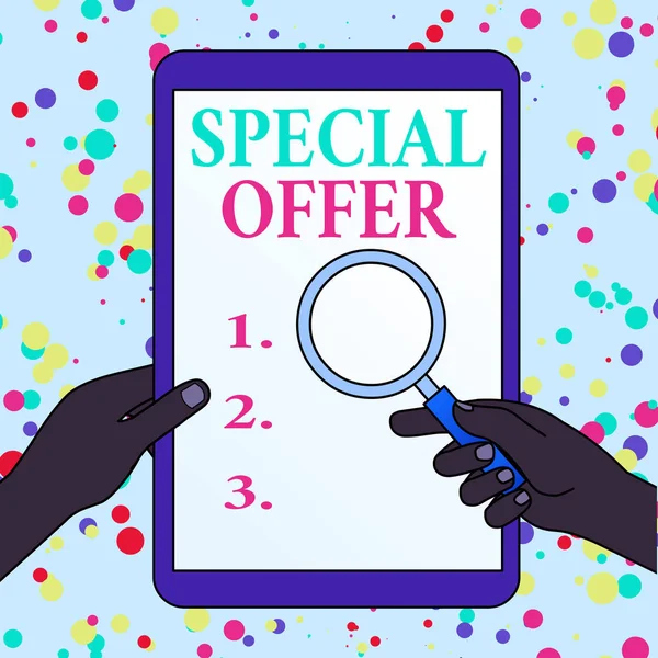 Writing note showing Special Offer. Business photo showcasing Discounted price Markdown Promotional Items Crazy Sale Hands Holding Magnifying Glass Against Switched Off Touch Screen Tablet.
