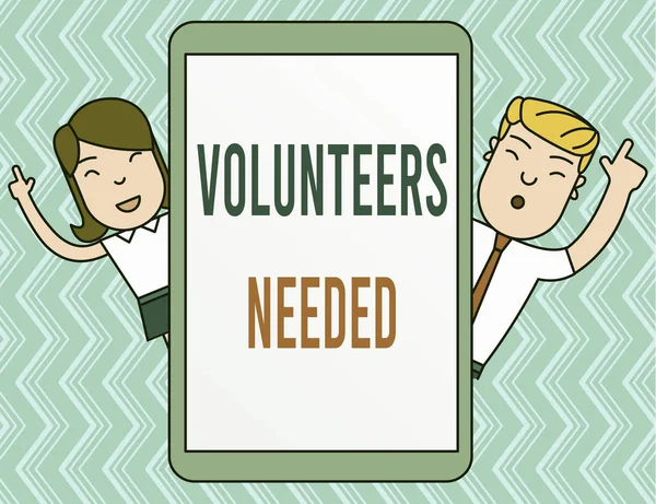Writing note showing Volunteers Needed. Business photo showcasing need work or help for organization without being paid Male and Female Index Fingers Up Touch Screen Tablet Smartphone Device.
