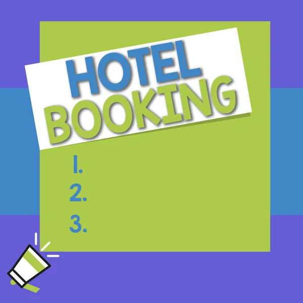 Scrittura concettuale a mano che mostra Hotel Booking. Business photo text Prenotazioni on-line Presidential Suite De Luxe Ospitalità Big square bastone rettangolo sopra piccolo megafono a sinistra verso il basso . — Foto Stock