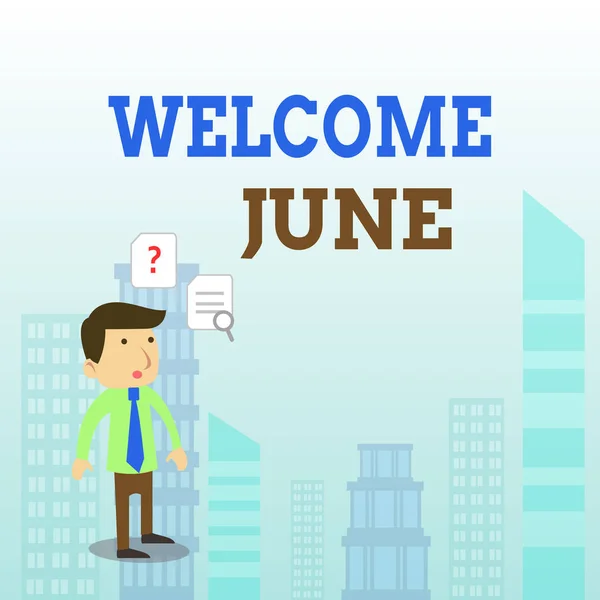 Writing Megjegyzés mutatja Welcome június. Üzleti fotó bemutató naptár hatodik hónap második negyedév harminc nap köszöntések fiatal férfi üzletember keresés probléma megoldás. — Stock Fotó