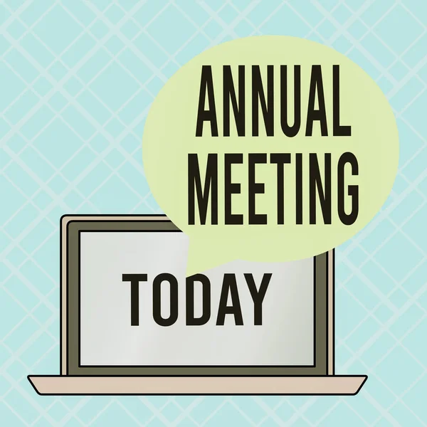 Conceptual hand writing showing Annual Meeting. Business photo text yearly meeting of the general membership of an organization Round Shape Speech Bubble Floating Over Laptop Backdrop.