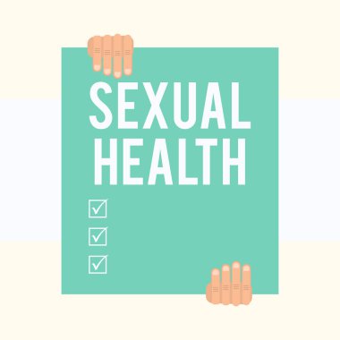 Cinsel Sağlık gösteren not yazma. İş fotoğraf Sağlıklı vücut Tatmin Cinsel yaşam Pozitif ilişkiler Iki el geometrik arka plan aşağı büyük boş dikdörtgen tutan vitrine.