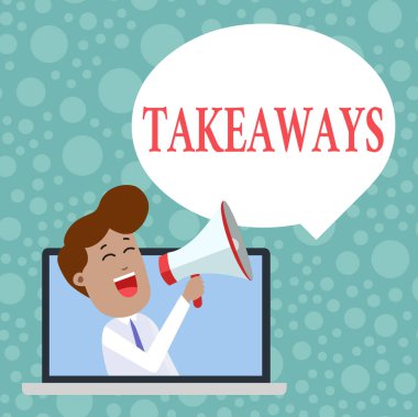 El yazısı metin Takeaways. Kavram anlamına bir hareket ya da loudhailer Boş Konuşma Bubble Announce içine Laptop aracılığıyla Konuşan birine sizden bir şey veren bir örnek.