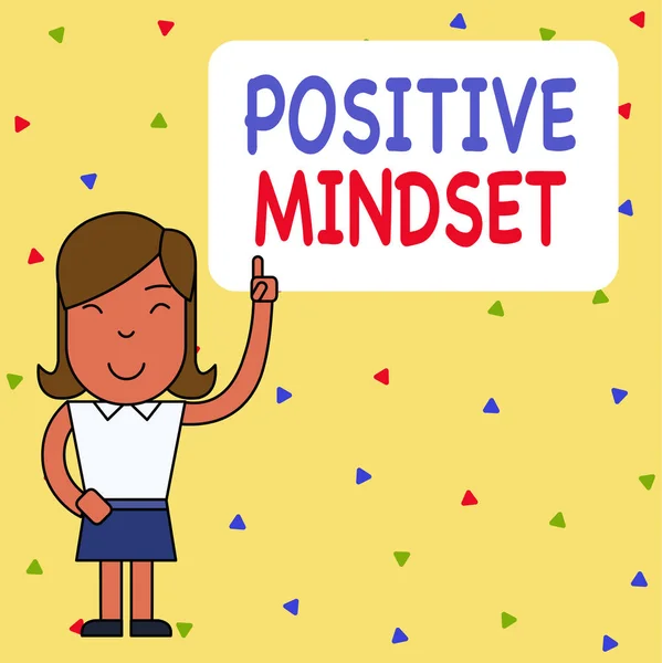Word writing text Positive Mindset. Business concept for mental attitude in wich you expect favorable results Woman Standing with Raised Left Index Finger Pointing at Blank Text Box.