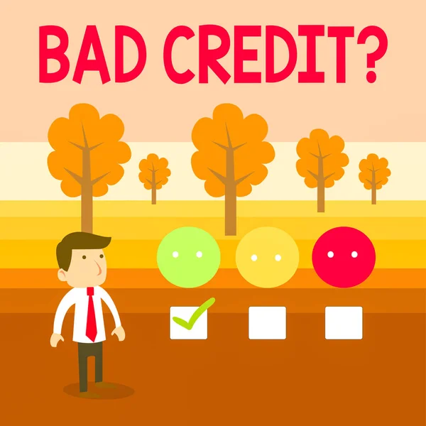 Conceptual hand writing showing Bad Creditquestion. Business photo text inabilityof a demonstrating to repay a debt on time and in full White Questionnaire Survey Choice Satisfaction Green Tick. — Stock Photo, Image