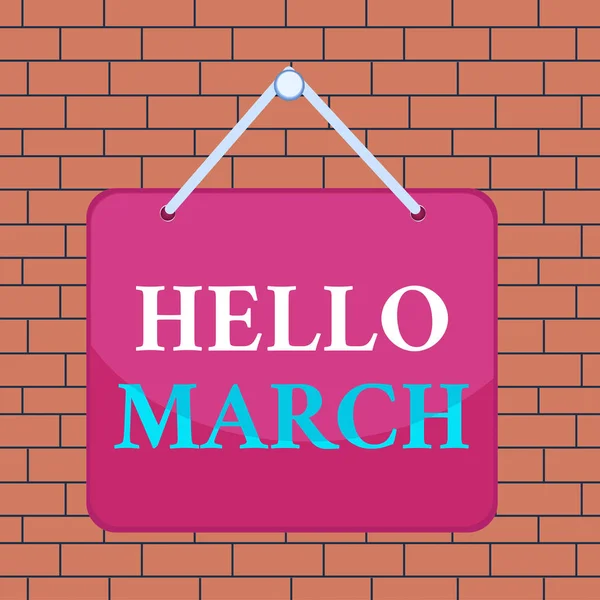 Text sign showing Hello March. Conceptual photo musical composition usually in duple or quadruple with beat Colored memo reminder empty board blank space attach background rectangle. — Stock Photo, Image