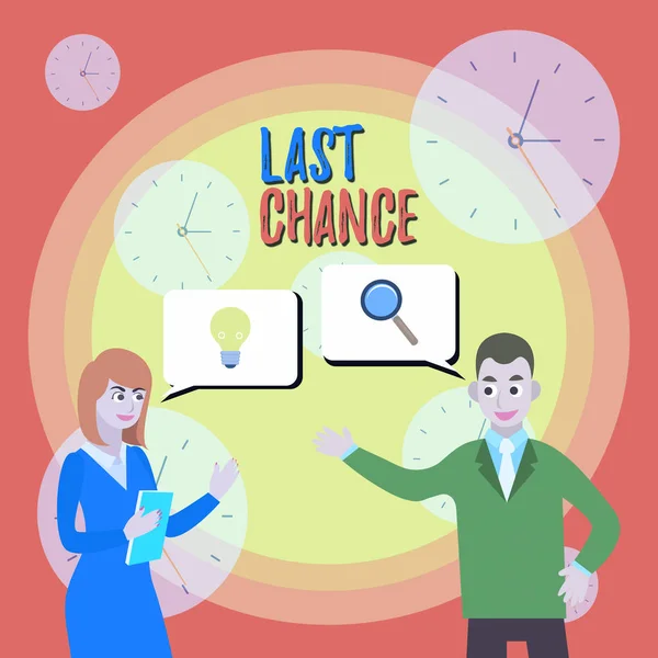 Text sign showing Last Chance. Conceptual photo final opportunity to achieve or acquire something or action Business Partners Colleagues Jointly Seeking Problem Solution Generate Idea.