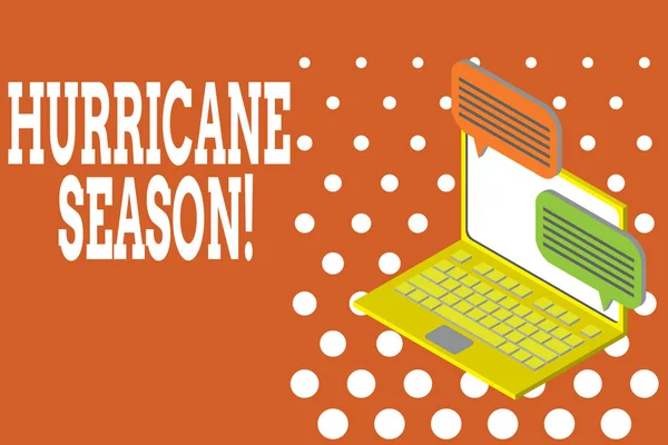 Text pro zápis textu sezóna hurikánů. Podnikatelský koncept pro čas, kdy se očekává, že většina tropických cyklonů vyvíjí notebook přijímající odesílání informací konverzace síť Internet Wireless. — Stock fotografie