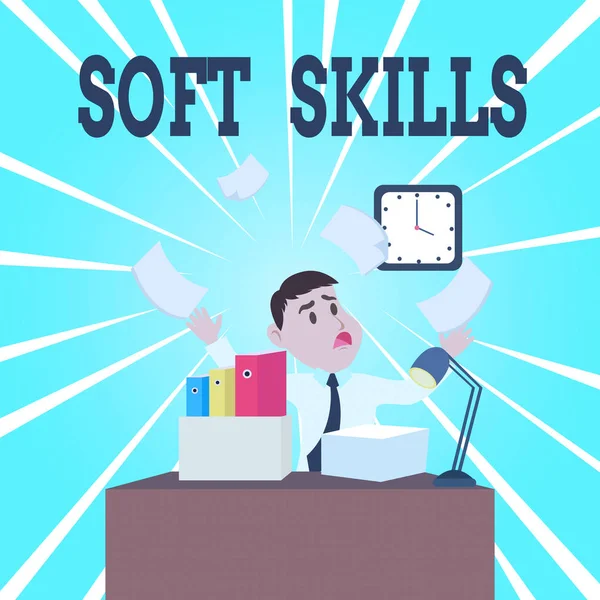 Text sign showing Soft Skills. Conceptual photo demonstratingal attribute enable interact effectively with other showing Confused Male Employee Manager Cluttered Workspace Overflow Time Shortage. — Stock Photo, Image