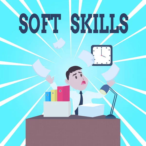 Text sign showing Soft Skills. Conceptual photo demonstratingal attribute enable interact effectively with other showing Confused Male Employee Manager Cluttered Workspace Overflow Time Shortage.