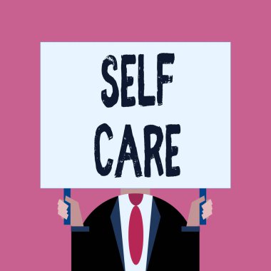 Kelime yazma metni Self Care. Bir geliştirmek için harekete geçme pratiği için Iş konsepti kendi sağlık Sadece adam göğüs koyu takım elbise kravat hiçbir yüz boş büyük dikdörtgen tutarak giyinmiş.