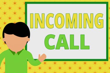 Handwriting text writing Incoming Call. Concept meaning Inbound Received Caller ID Telephone Voicemail Vidcall Young man standing in front whiteboard pointing to project. photo Art.