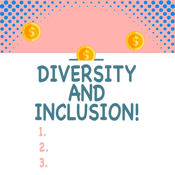 Handgeschreven tekst diversiteit en inclusie. Concept betekenis bereik huanalysis verschil omvat ras etnische gender vooraanzicht close-up drie Penny munten pictogram één invoeren verzamelbox slot. — Stockfoto