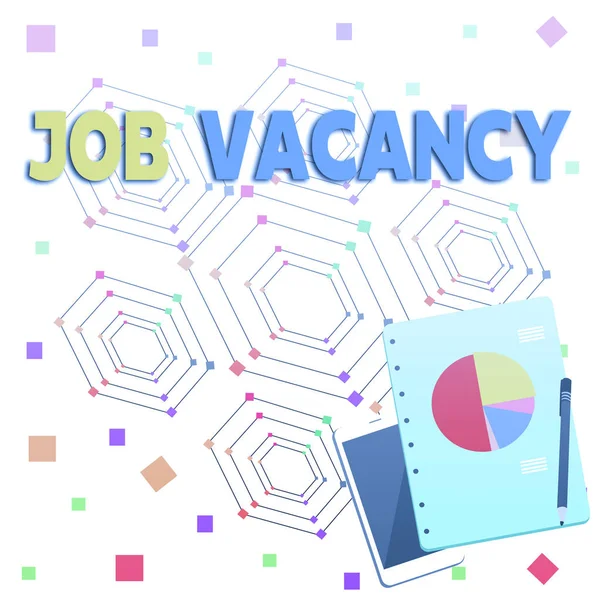 Word writing text Job Vacancy. Business concept for empty or available paid place in small or big company Layout Smartphone Off Ballpoint Pen RingBound Notepad Business Pie Chart.