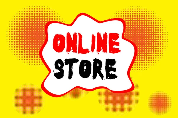 Text sign showing Online Store. Conceptual photo A website that offers items for sale and accept credit cards Halftone circles vanishing. Abstract seamless round pattern. Gradient. — Stock Photo, Image