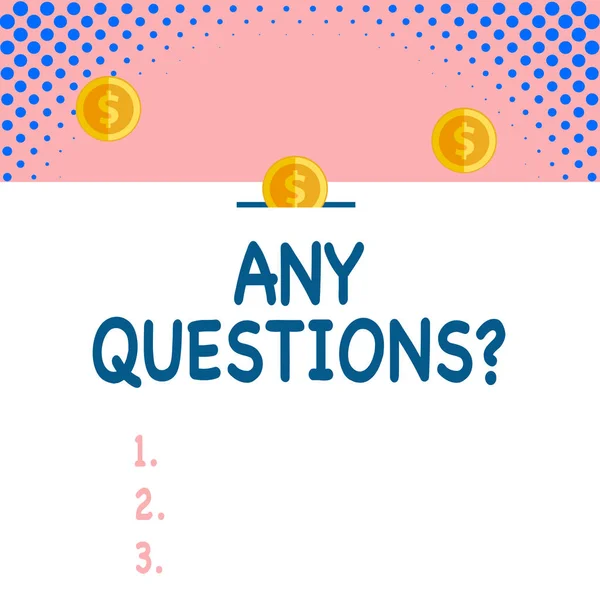 Handwriting text Any Questions Question. Concept meaning you say write order to ask demonstrating about something Front view close up three penny coins icon one entering collecting box slot.