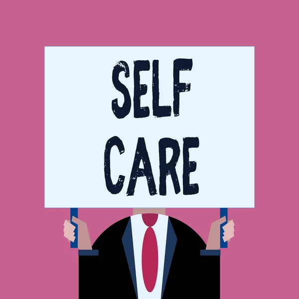Word writing text Self Care. Business concept for the practice of taking action to improve one s is own health Just man chest dressed dark suit tie no face holding blank big rectangle. — Stock Photo, Image