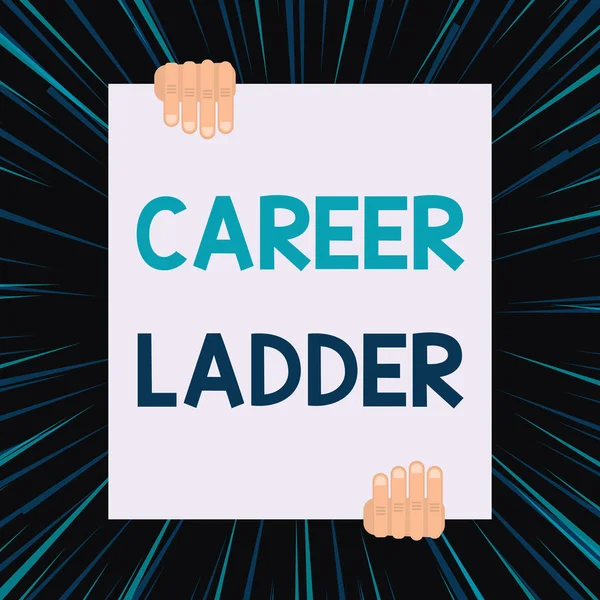 Handwriting text writing Career Ladder. Concept meaning Job Promotion Professional Progress Upward Mobility Achiever Two hands holding big blank rectangle up down Geometrical background design. — Stock Photo, Image